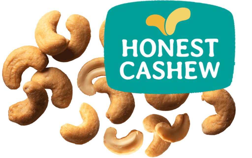 lösa cashewnötter och en turkos logotyp för "honest cashew" från intersnack group och estrella
