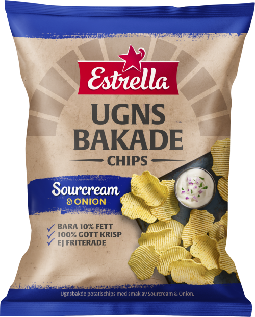 Påse med ugnsbakade chips och smak av Sourcream & onion från Estrella